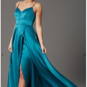 Faux-Wrap Long Satin Prom Dress in Teal